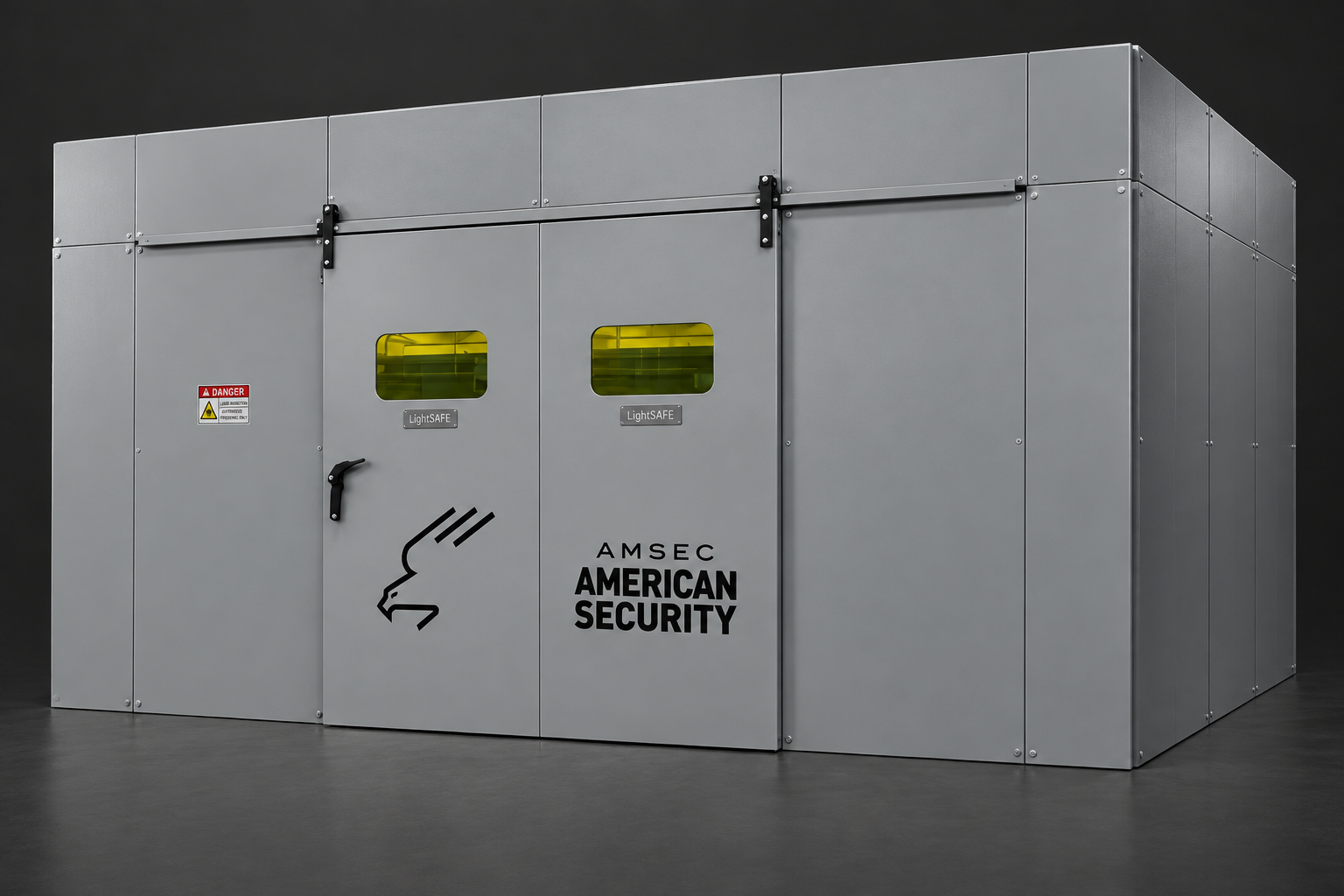 Gray American Security LightSAFE enclosure with yellow viewing windows and custom black branding.