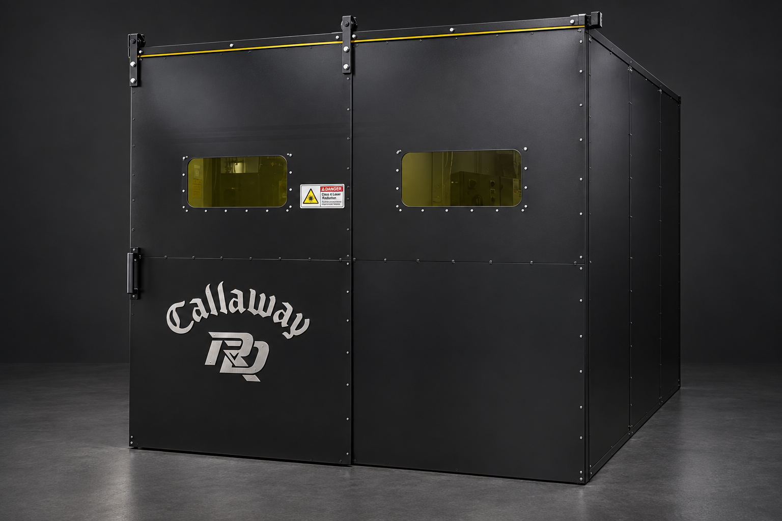 Isolated black Callaway Golf LightSAFE enclosure with two viewing windows and metallic company branding.