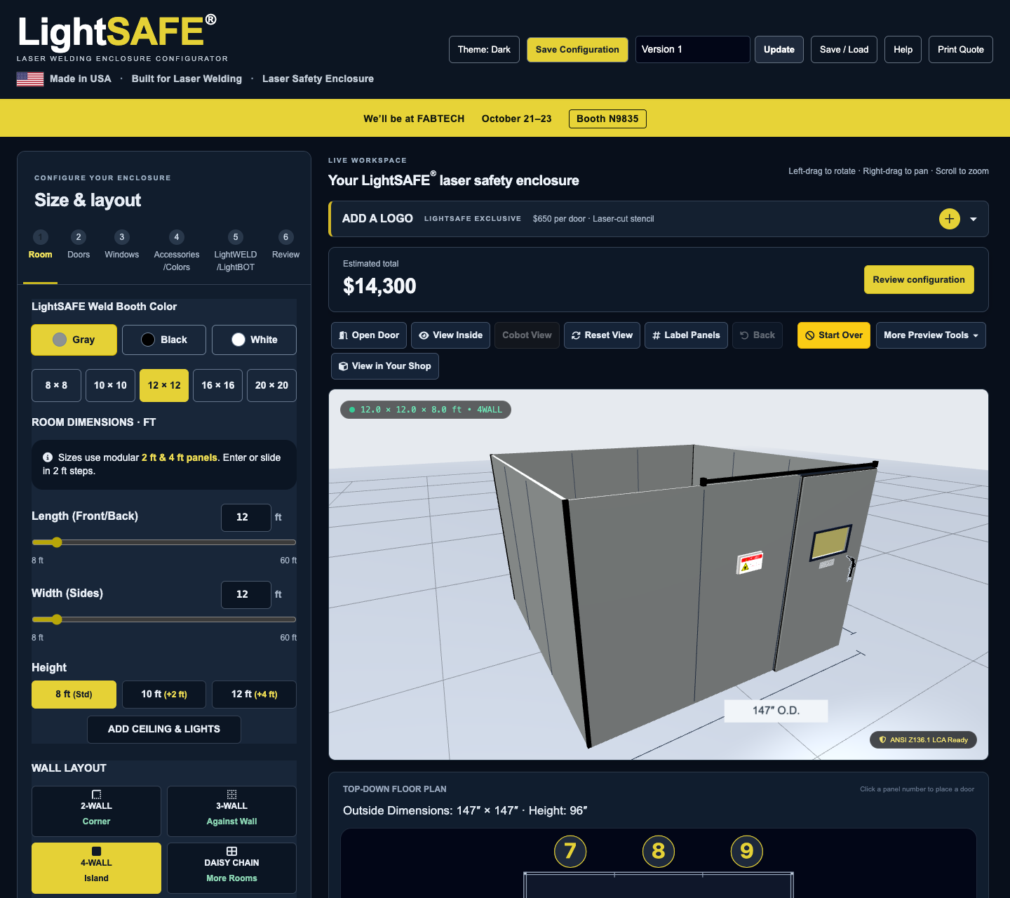The LightSAFE configurator’s first screen, showing room size presets, length, width and height controls, the Room through Review tabs, an estimated price, and the live 3D enclosure preview.