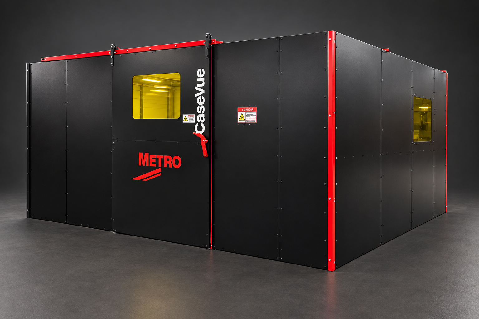 Isolated InterMetro LightSAFE enclosure with black panels, red trim, yellow viewing windows, and Metro and CaseVue branding.