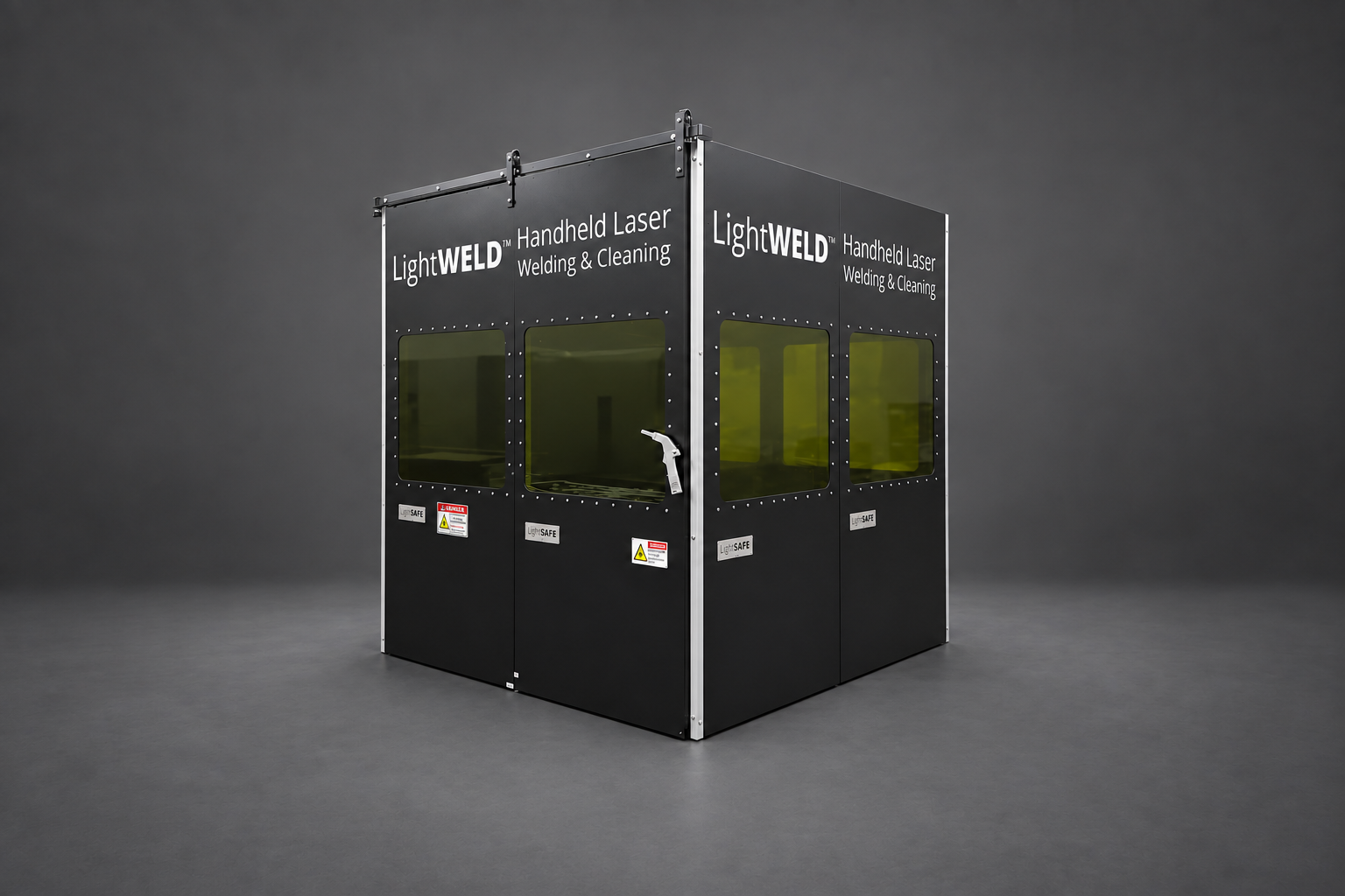 LightSAFE enclosure with LightWELD branding and viewing windows, isolated on a clean charcoal background