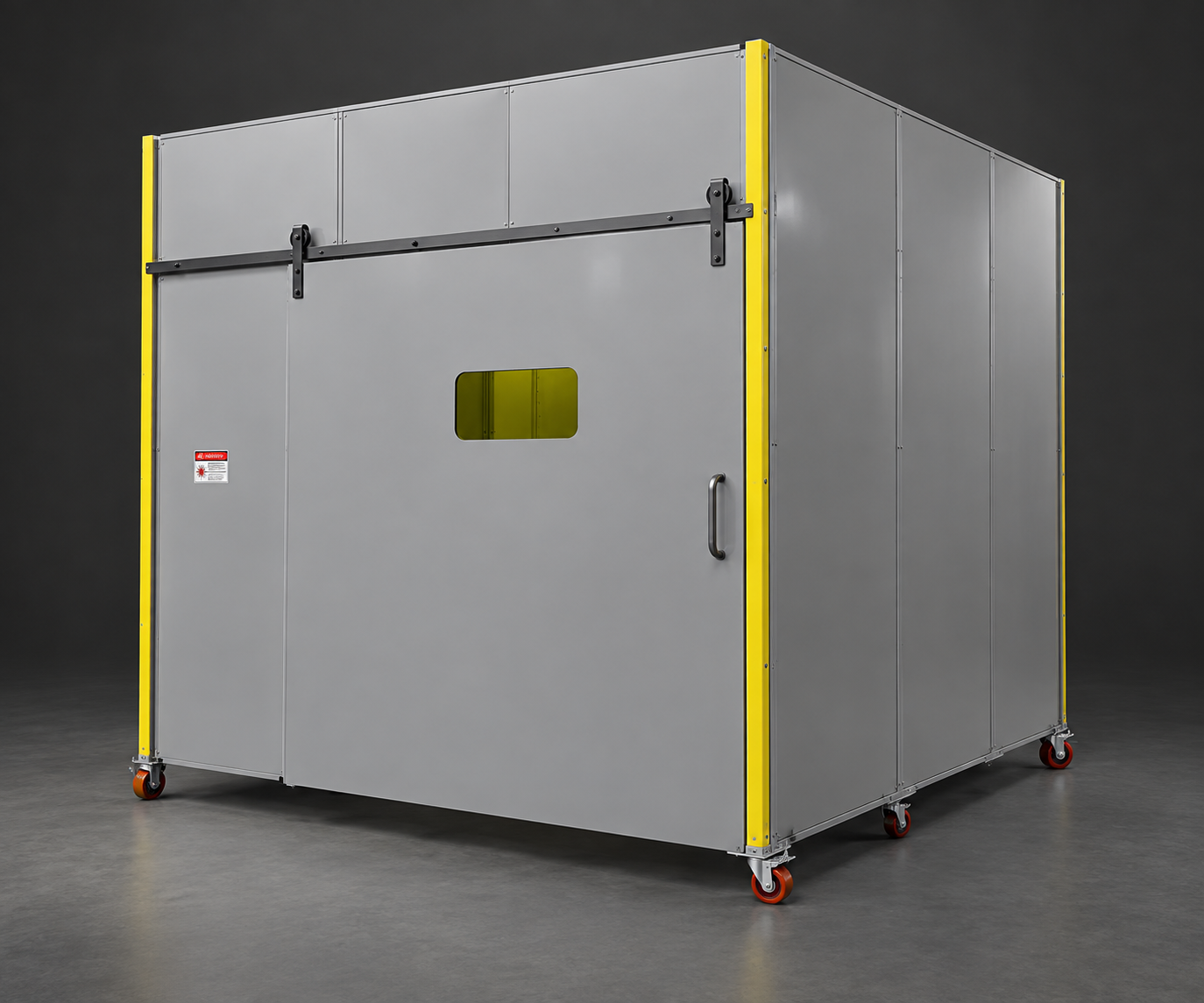 Isolated gray LightSAFE enclosure with yellow corner trim and clearly visible caster wheels.