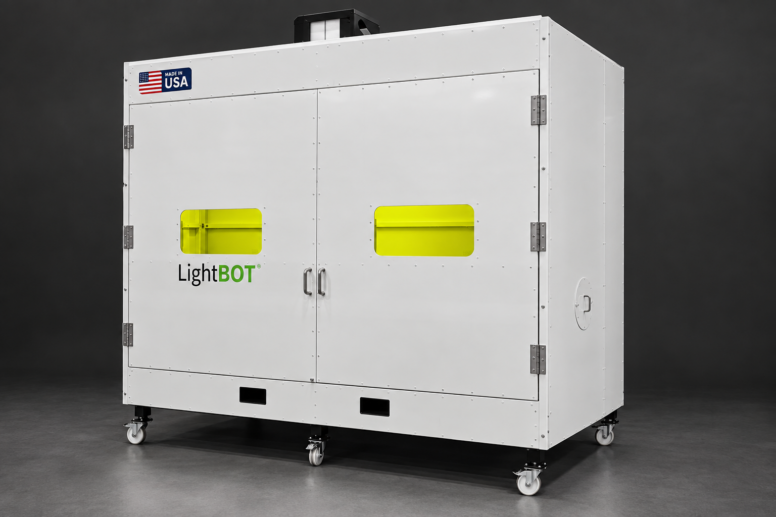 White LightBOT enclosure on casters with closed double doors and yellow viewing windows.