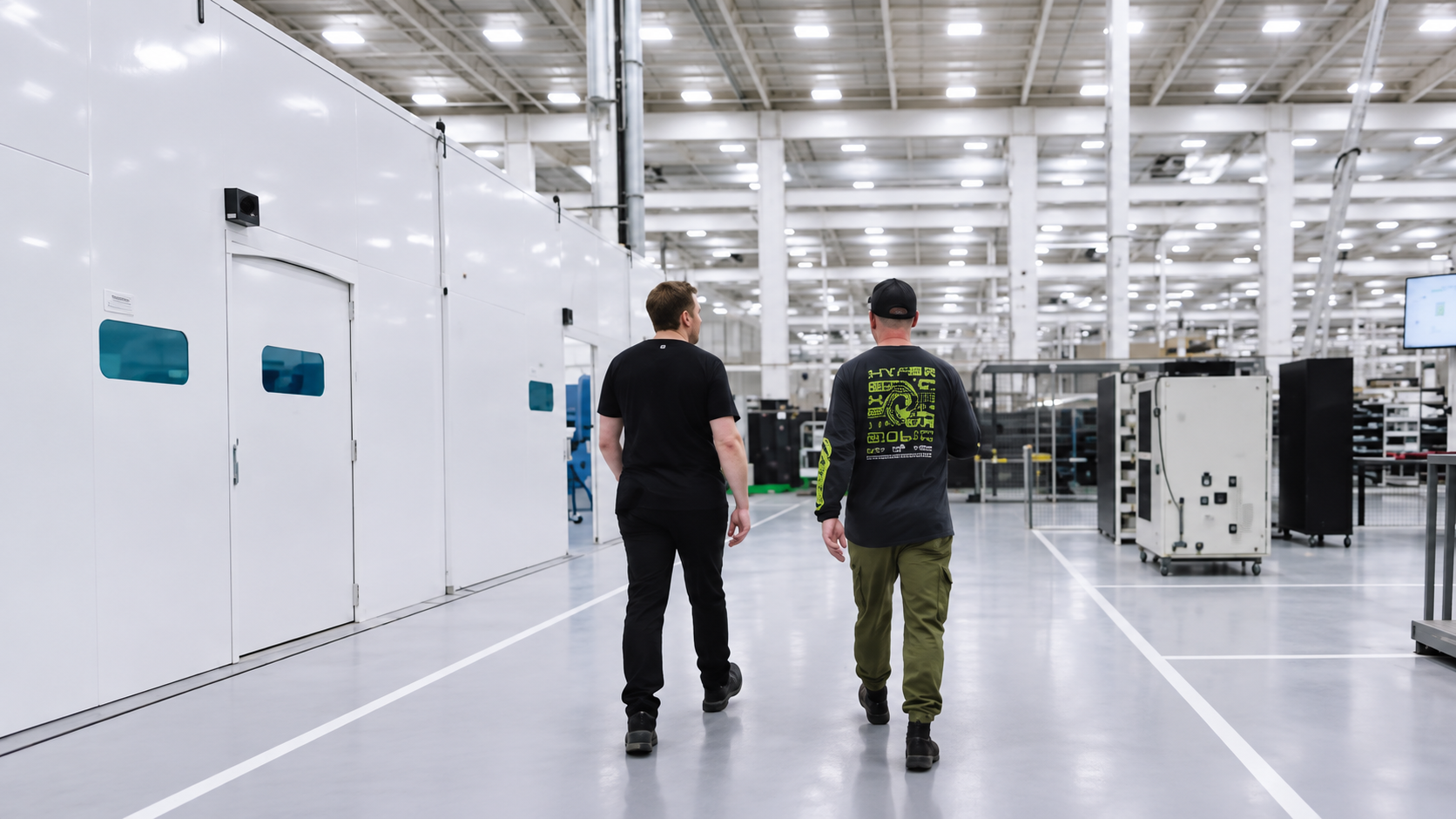 Enhanced view of a LightSAFE enclosure on the left inside a SpaceX building, with two men walking beside it.