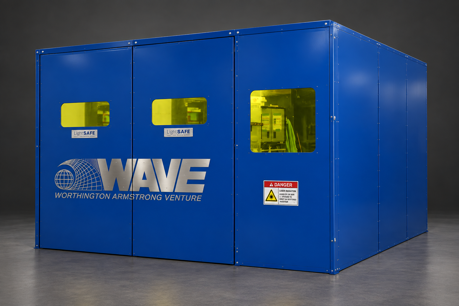 Isolated blue WAVE LightSAFE enclosure with yellow viewing windows and metallic company branding.
