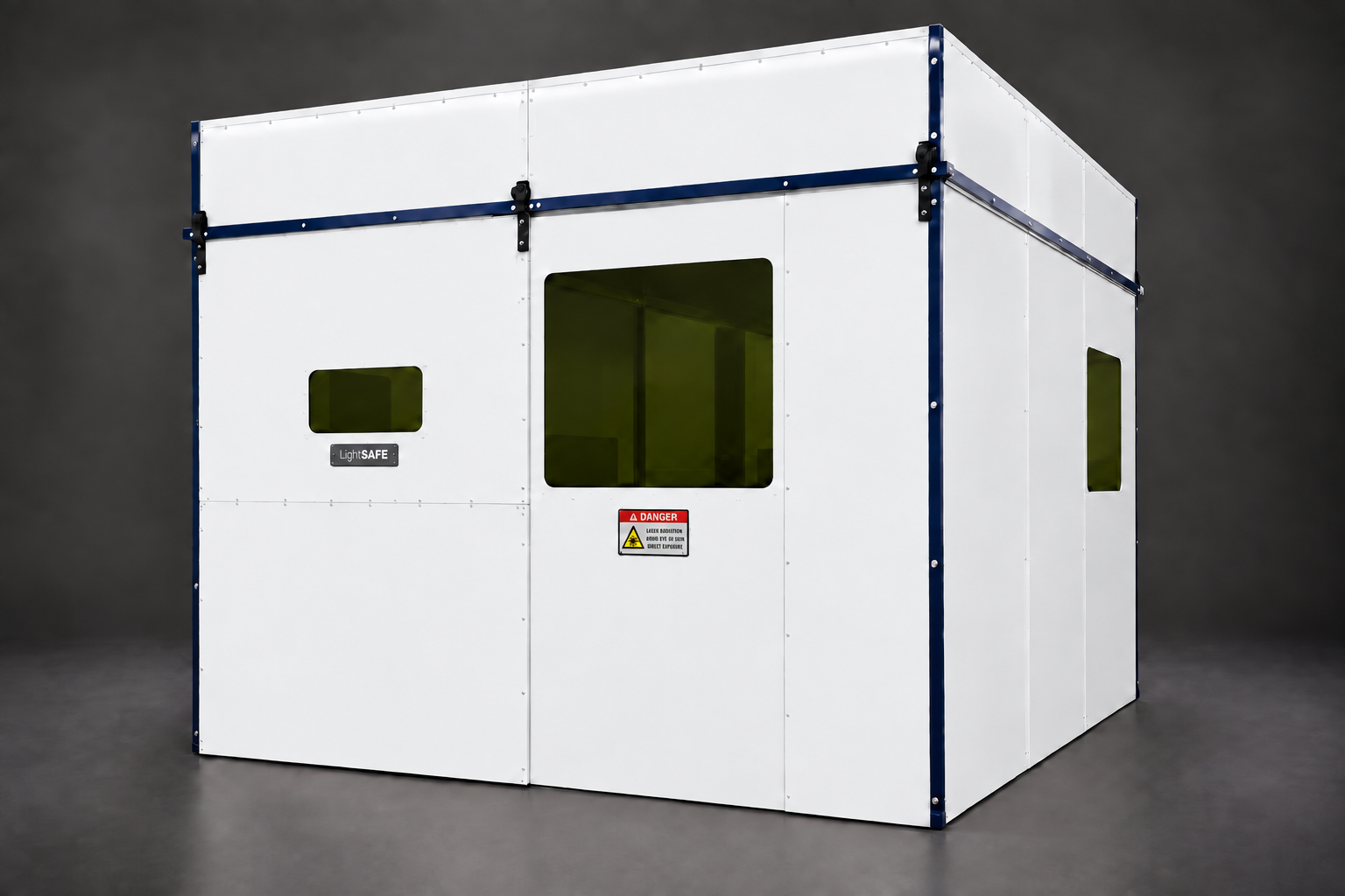 White LightSAFE enclosure with navy framing, three viewing windows and a LightSAFE plaque.